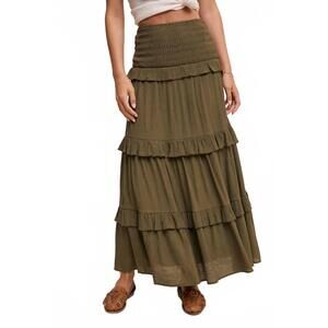 NEW LISTICLE women's smocked ruffle tiered maxi skirt or midi dress in olive gre